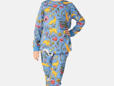 Children s Teal Garden Cat Print Cotton Pyjama Set Cheap