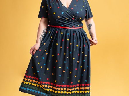 Alexis Navy Rainbow Heart Print Midi Dress Fashion