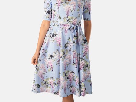 Wisteria Trailing Watercolour Floral Print Swing Dress For Sale