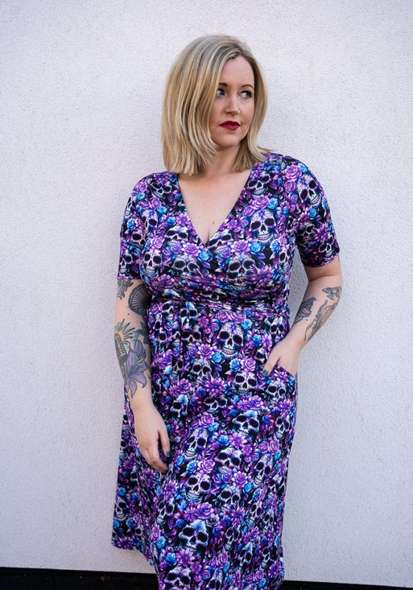 Dexter Purple Floral Skull Print Midi Dress For Cheap