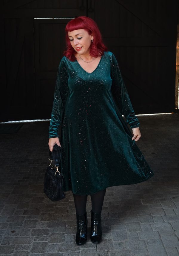 Hollyanne Bottle Green & Multicoloured Sparkle Velvet Trapeze Dress For Cheap